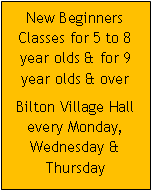 Text Box: New Beginners Classes for 5 to 8 year olds & for 9 year olds & overBilton Village Hall every Monday, Wednesday & Thursday